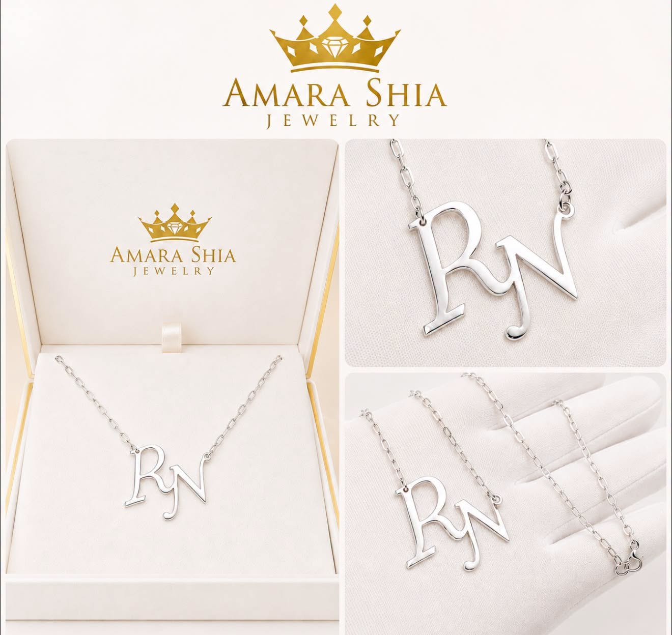 Polished silver interlinked initial pendant necklace in Amara Shia presentation box